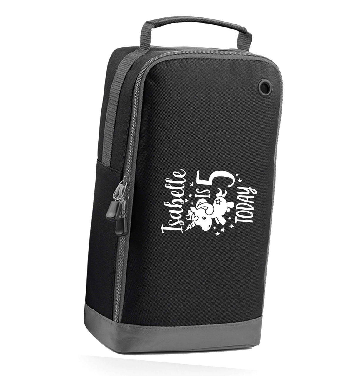 Today I am - Personalise with any name or age! Birthday unicorn black sports shoe bag horizontal print
