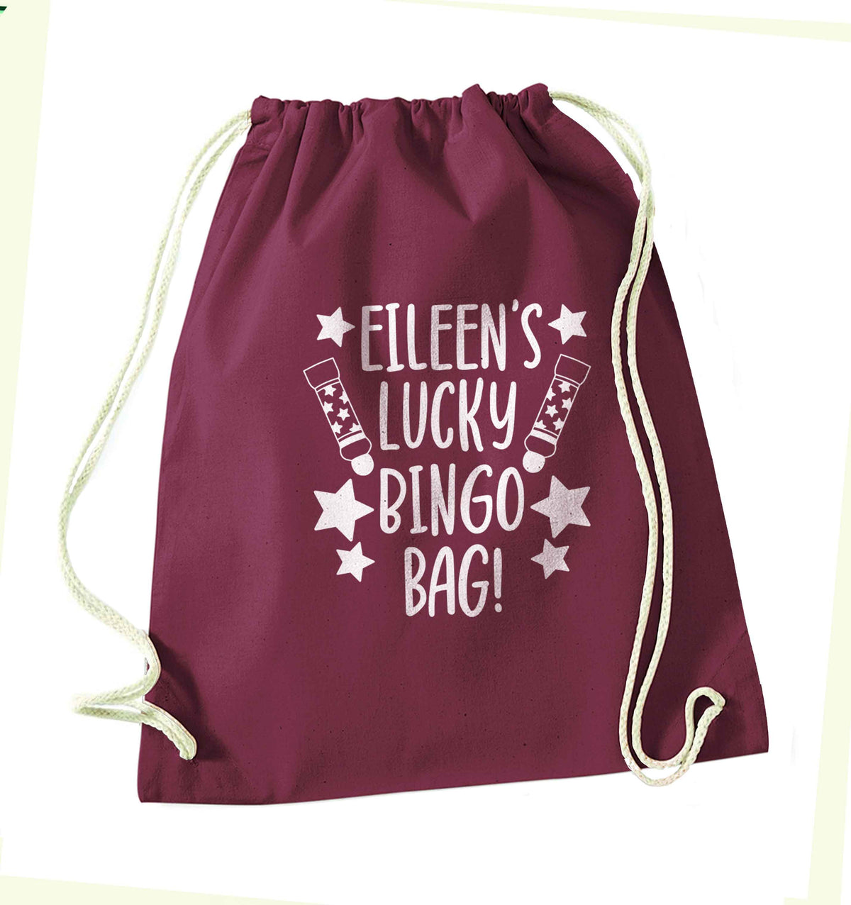 Personalised lucky bingo bag maroon drawstring bag