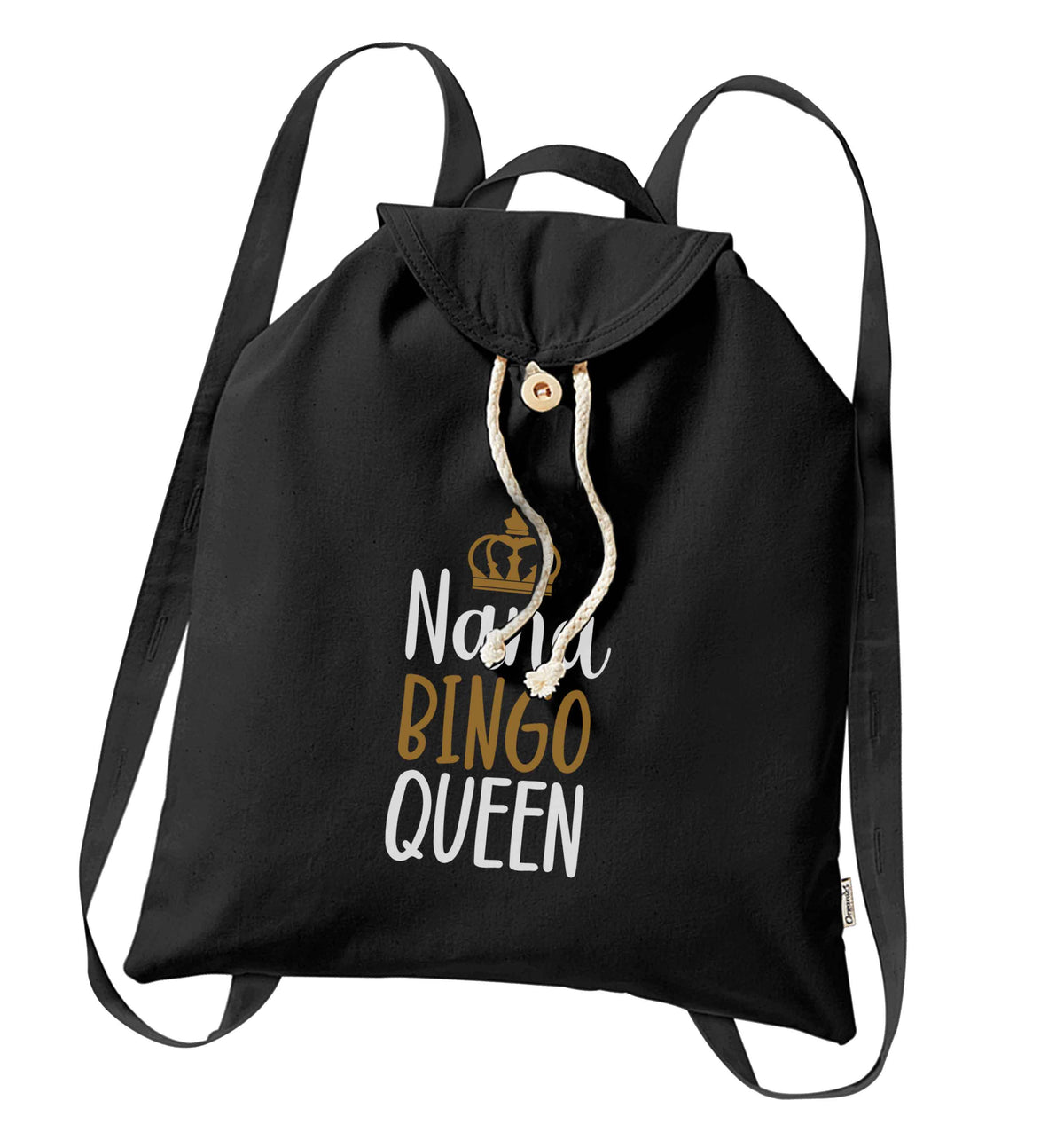 Personalised bingo queen organic cotton backpack tote with wooden buttons in black