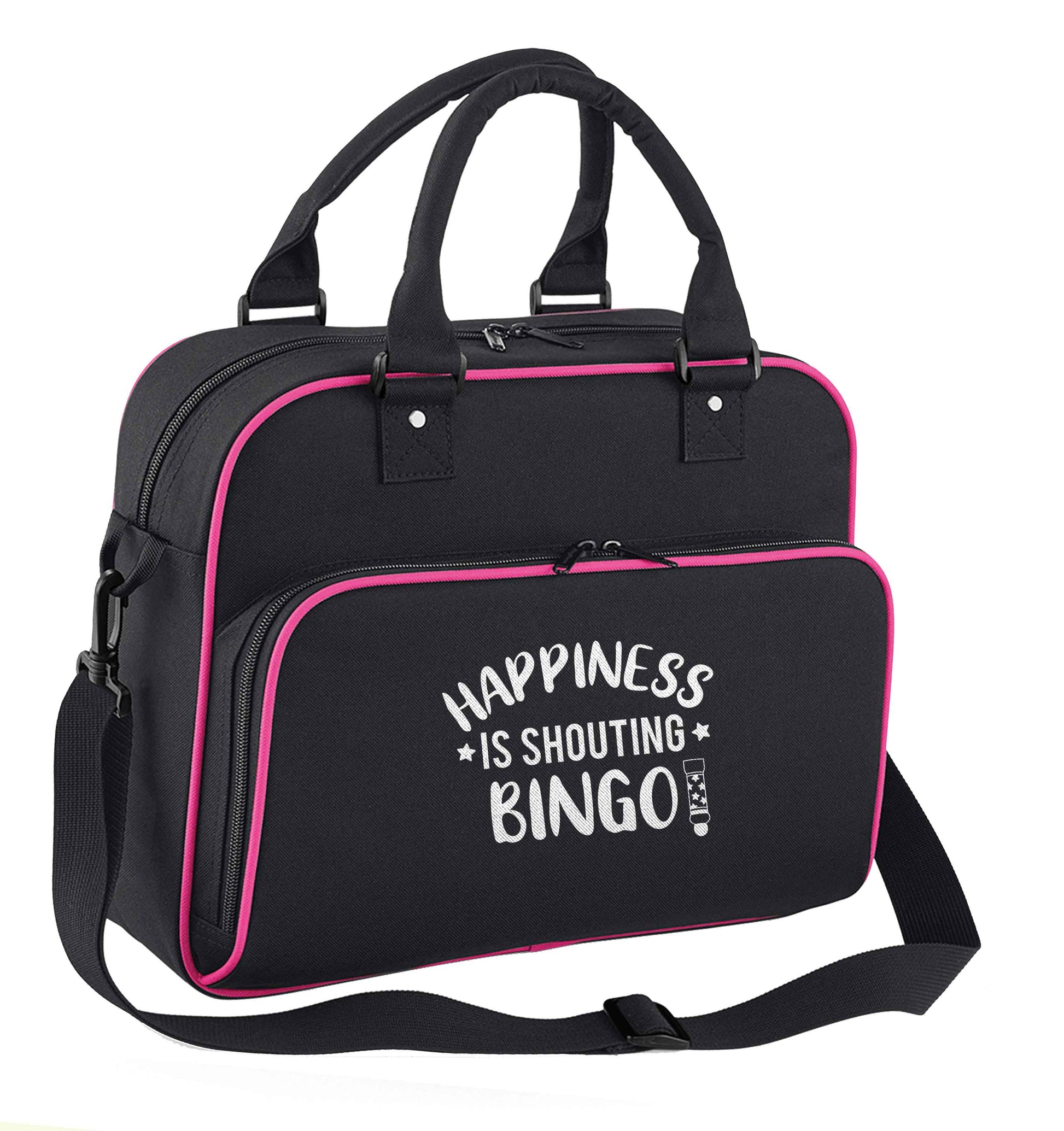 Happiness is shouting bingo! children's dance bag black with pink detail