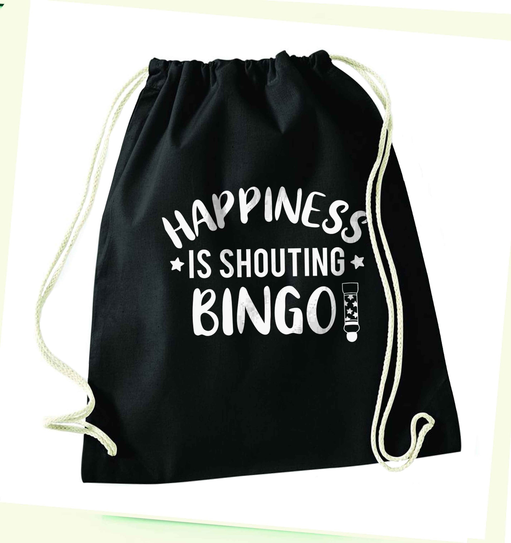 Happiness is shouting bingo! black drawstring bag