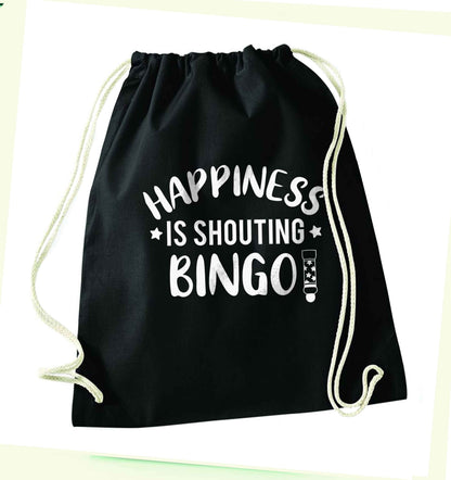 Happiness is shouting bingo! black drawstring bag