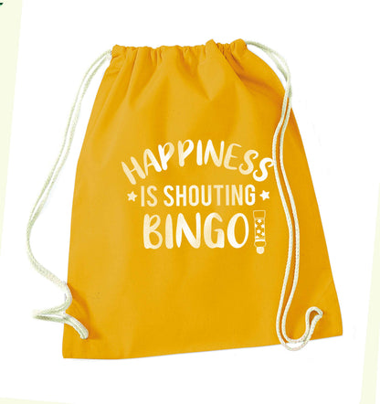 Happiness is shouting bingo! mustard drawstring bag
