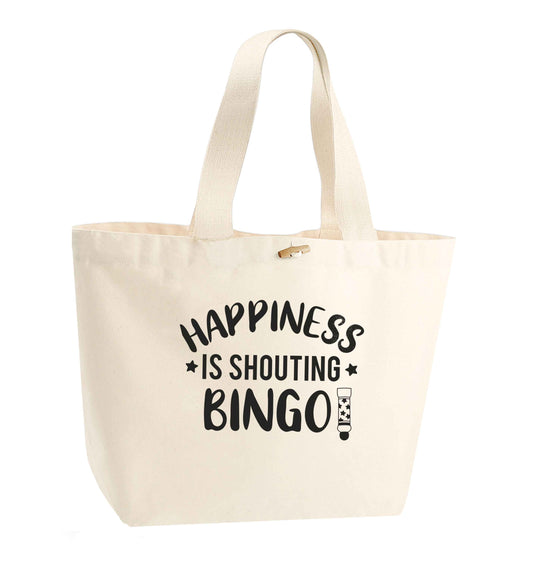 Happiness is shouting bingo! organic cotton premium tote bag with wooden toggle in natural