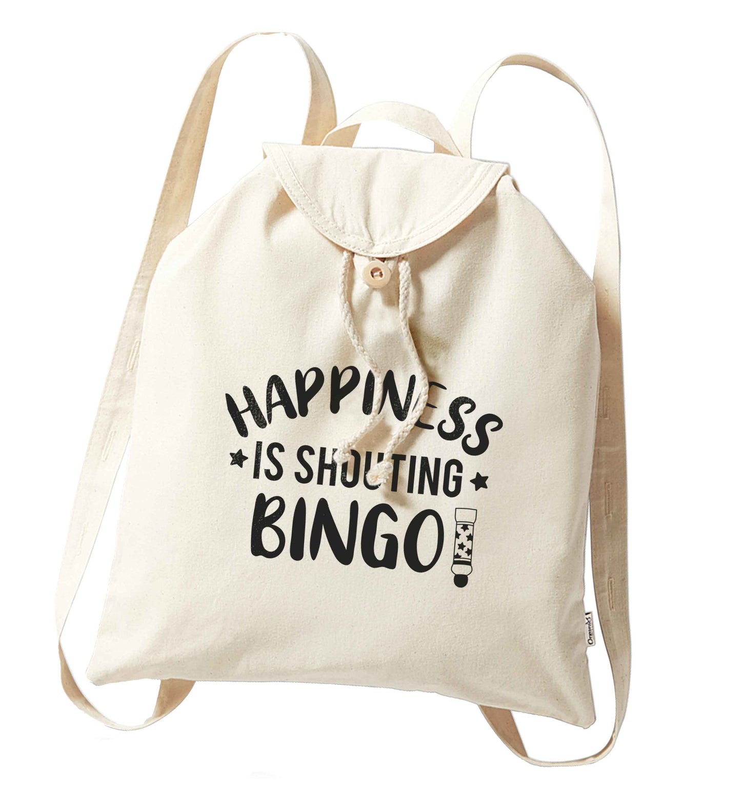 Happiness is shouting bingo! organic cotton backpack tote with wooden buttons in natural