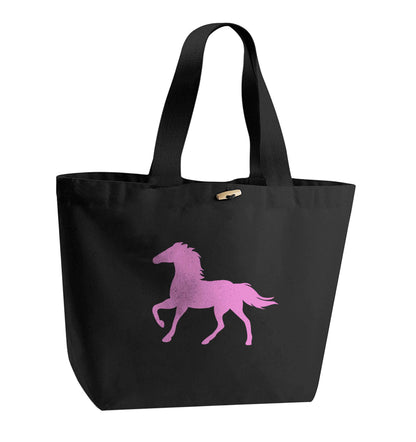 Pink horse organic cotton premium tote bag with wooden toggle in black