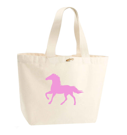 Pink horse organic cotton premium tote bag with wooden toggle in natural