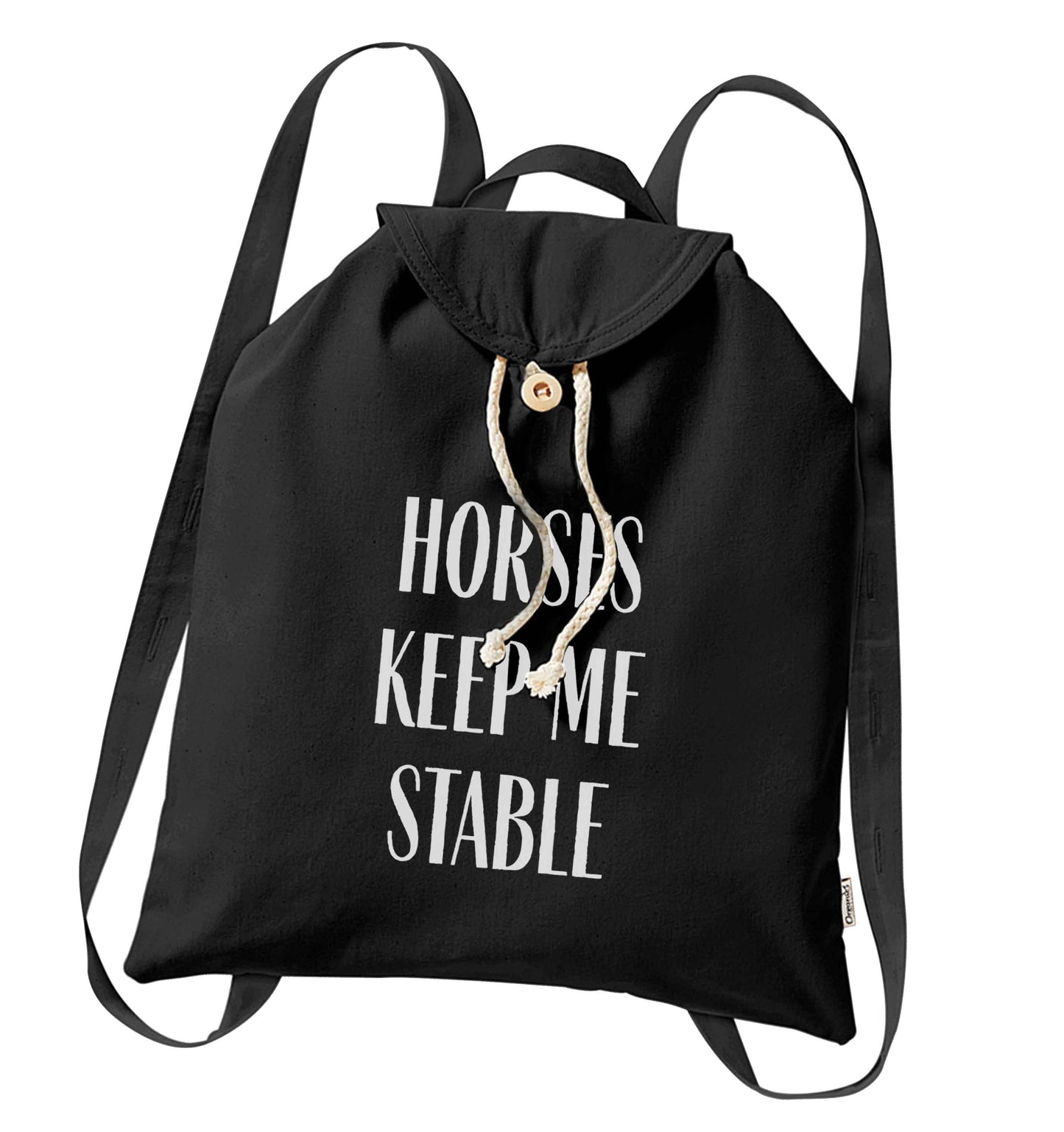 Horses keep me stable organic cotton backpack tote with wooden buttons in black