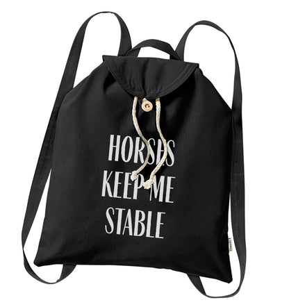Horses keep me stable organic cotton backpack tote with wooden buttons in black