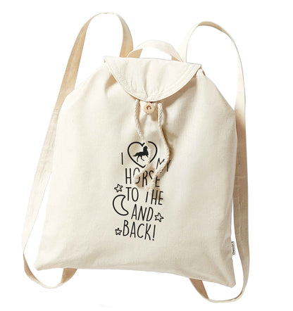 I love my horse to the moon and back organic cotton backpack tote with wooden buttons in natural