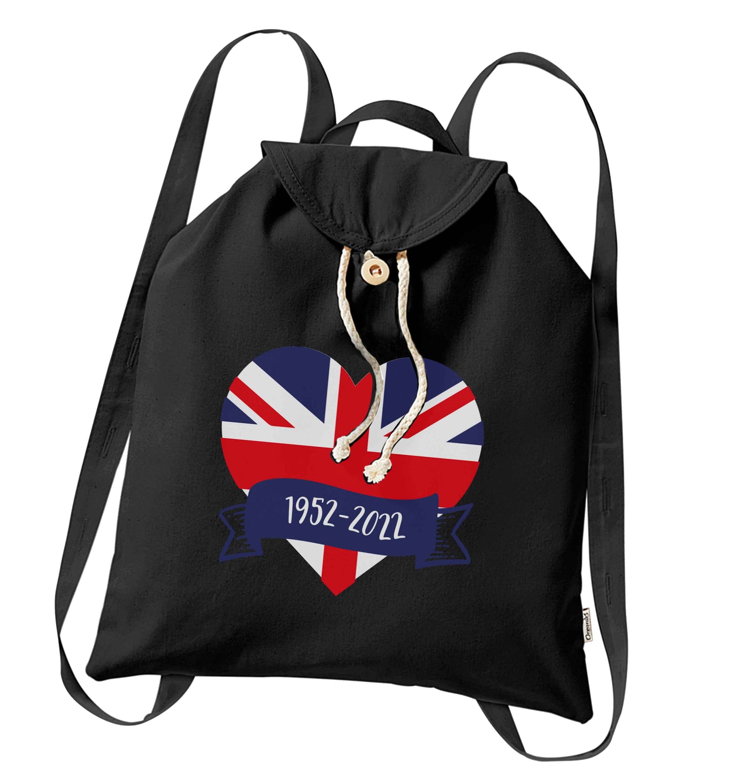 British flag heart Queens jubilee organic cotton backpack tote with wooden buttons in black