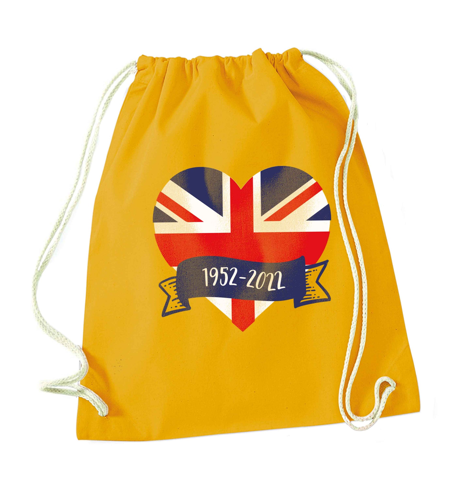 British flag heart Queens jubilee mustard drawstring bag