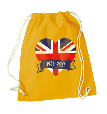 British flag heart Queens jubilee mustard drawstring bag