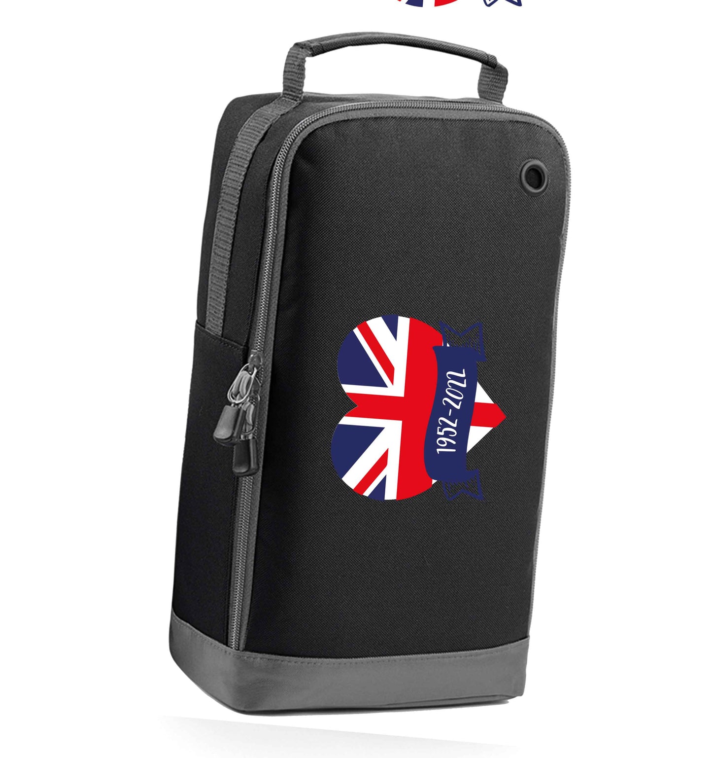 British flag heart Queens jubilee black sports shoe bag horizontal print