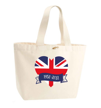 British flag heart Queens jubilee organic cotton premium tote bag with wooden toggle in natural