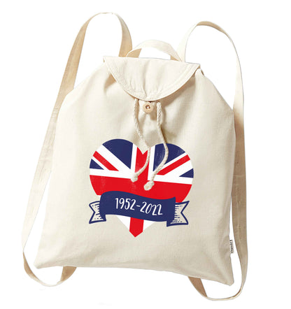 British flag heart Queens jubilee organic cotton backpack tote with wooden buttons in natural