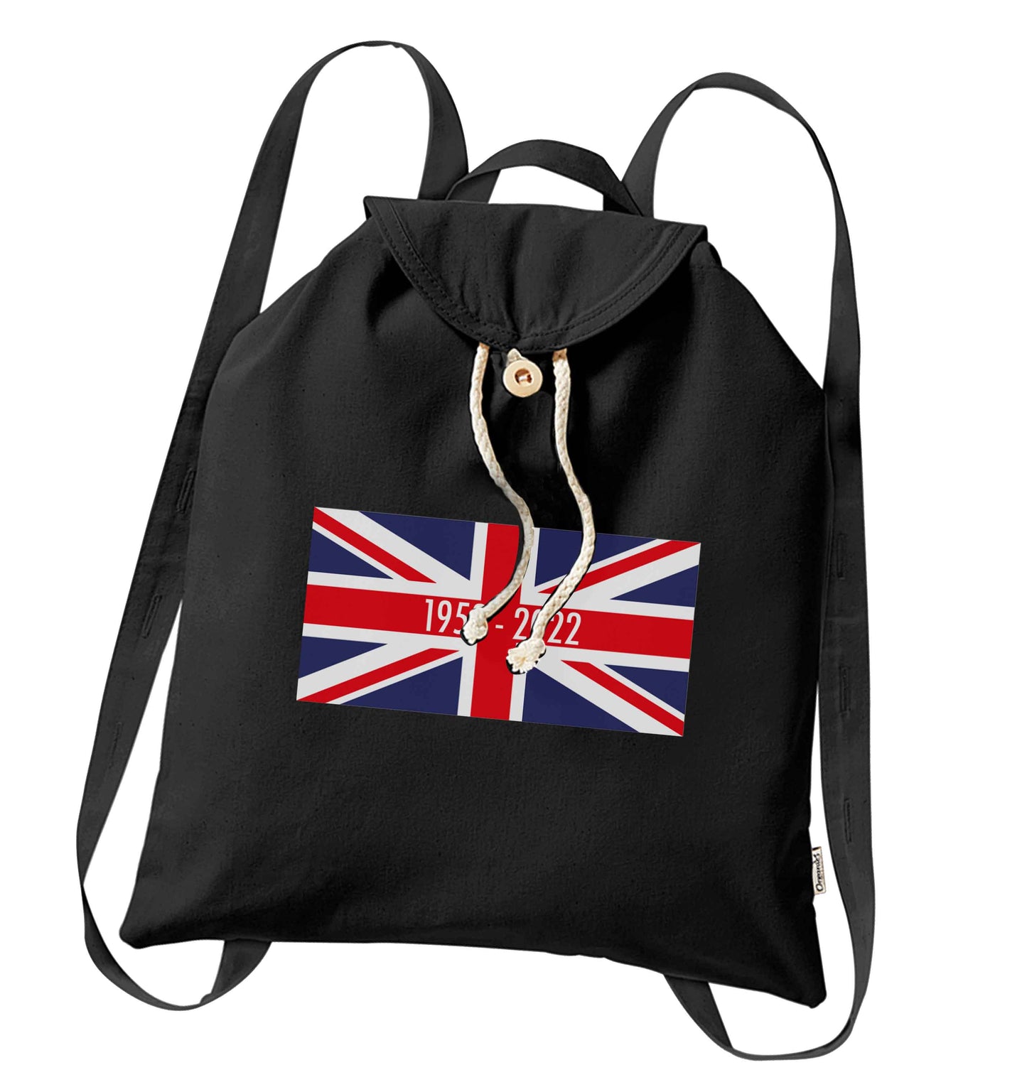 British flag Queens jubilee organic cotton backpack tote with wooden buttons in black