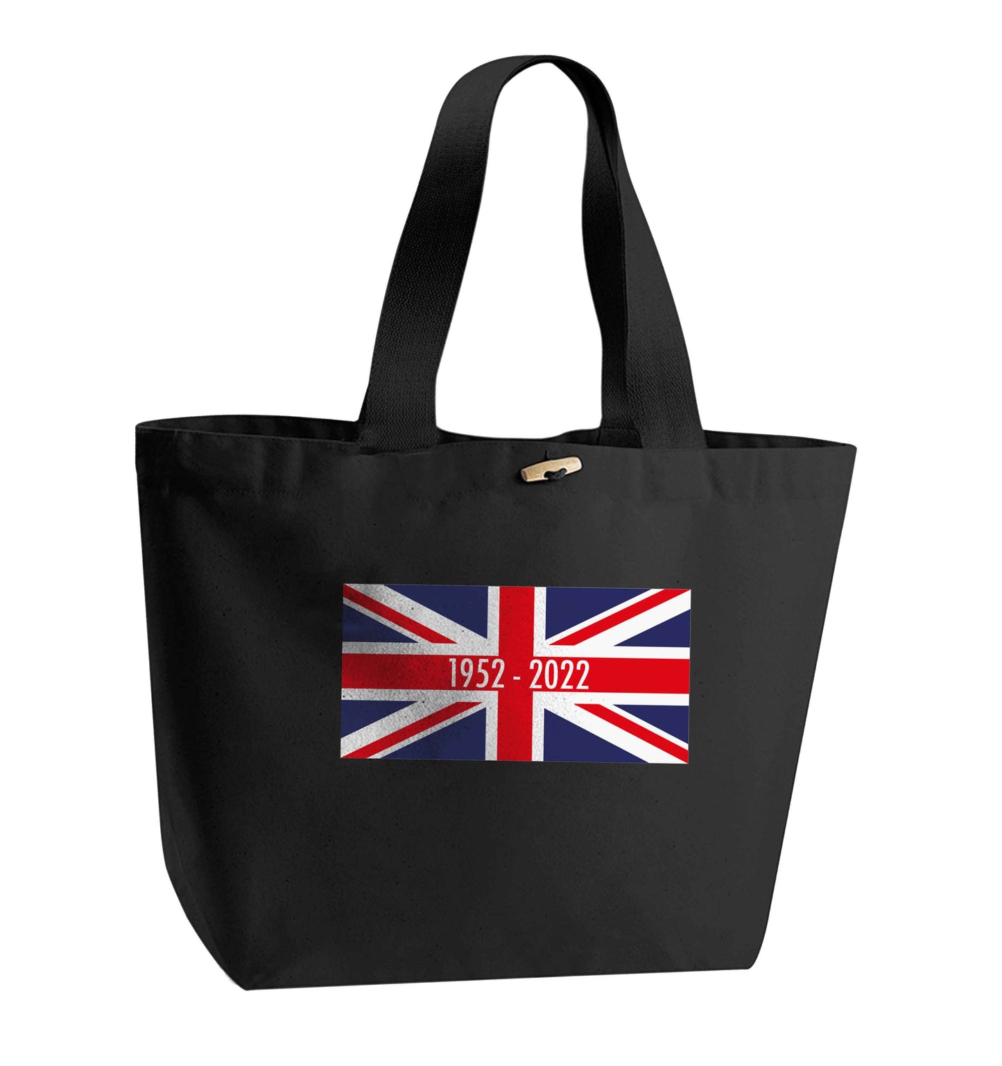 British flag Queens jubilee organic cotton premium tote bag with wooden toggle in black