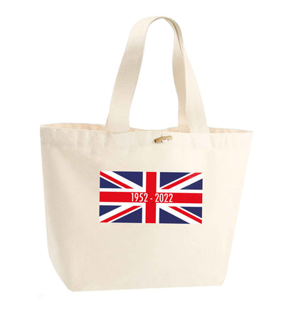 British flag Queens jubilee organic cotton premium tote bag with wooden toggle in natural