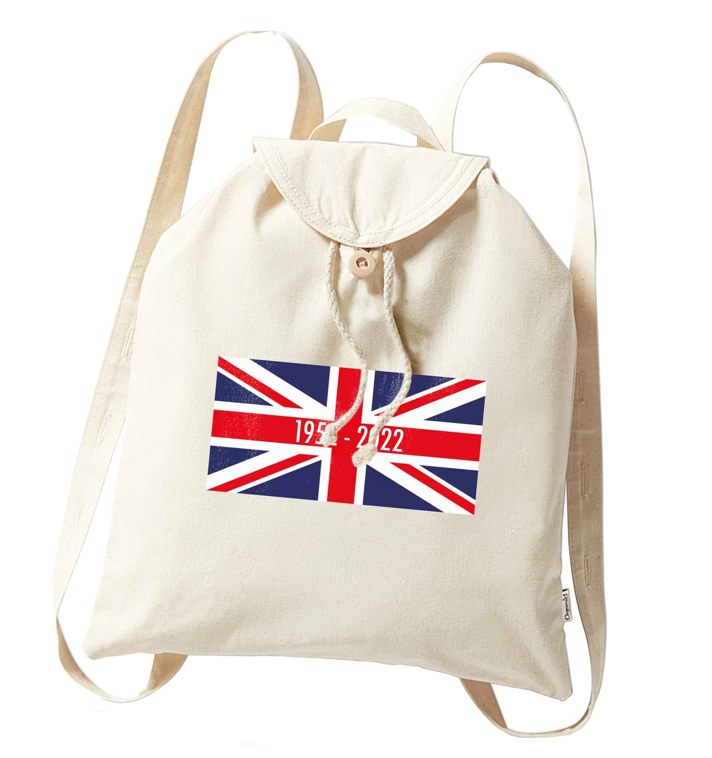 British flag Queens jubilee organic cotton backpack tote with wooden buttons in natural
