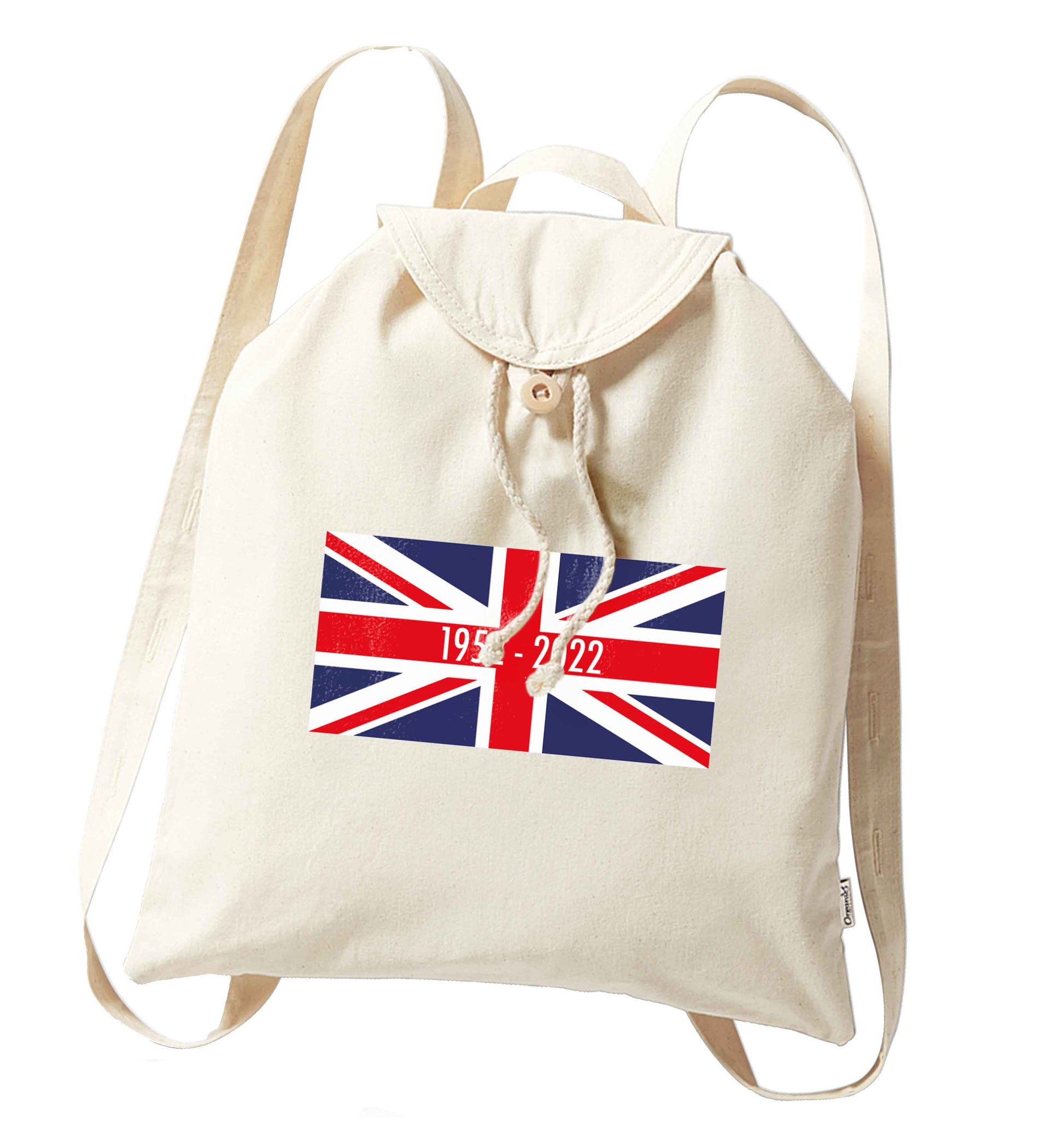 British flag Queens jubilee organic cotton backpack tote with wooden buttons in natural