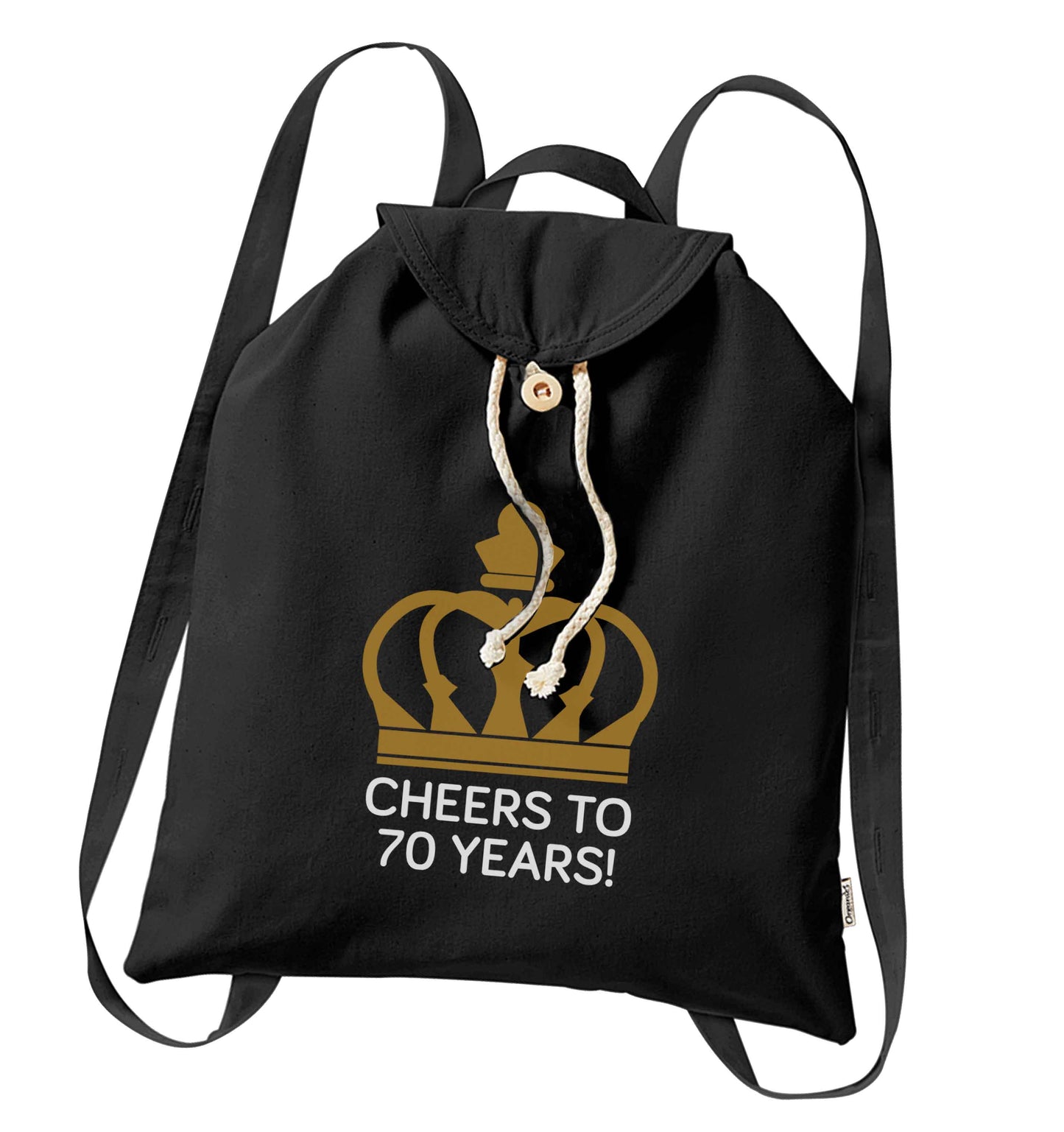 Cheers to 70 years! organic cotton backpack tote with wooden buttons in black