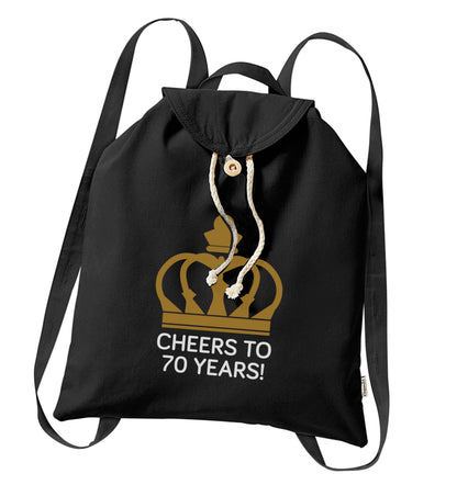 Cheers to 70 years! organic cotton backpack tote with wooden buttons in black