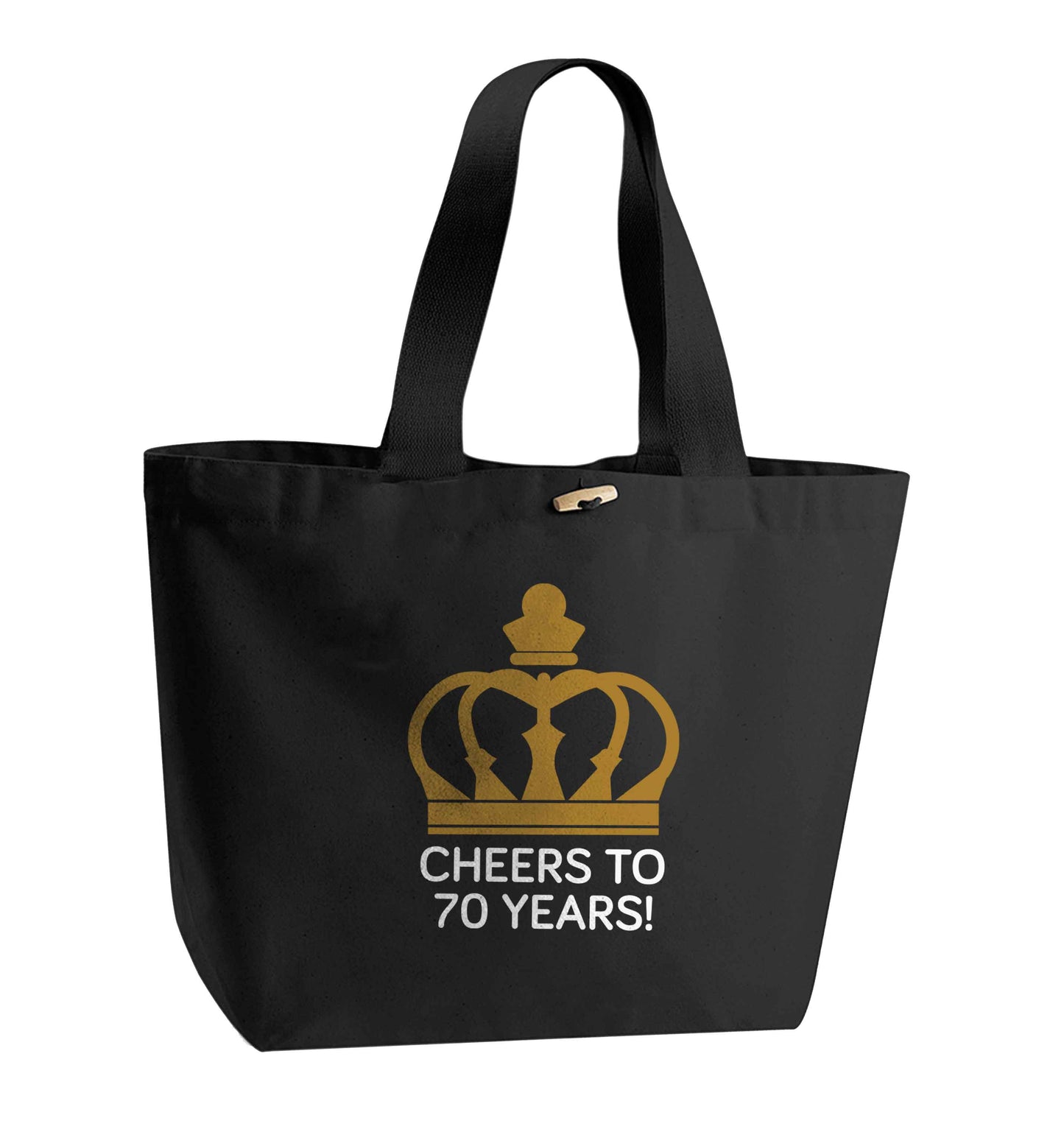 Cheers to 70 years! organic cotton premium tote bag with wooden toggle in black