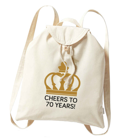 Cheers to 70 years! organic cotton backpack tote with wooden buttons in natural