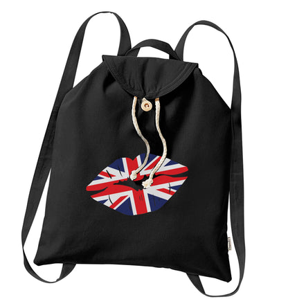 British flag kiss organic cotton backpack tote with wooden buttons in black