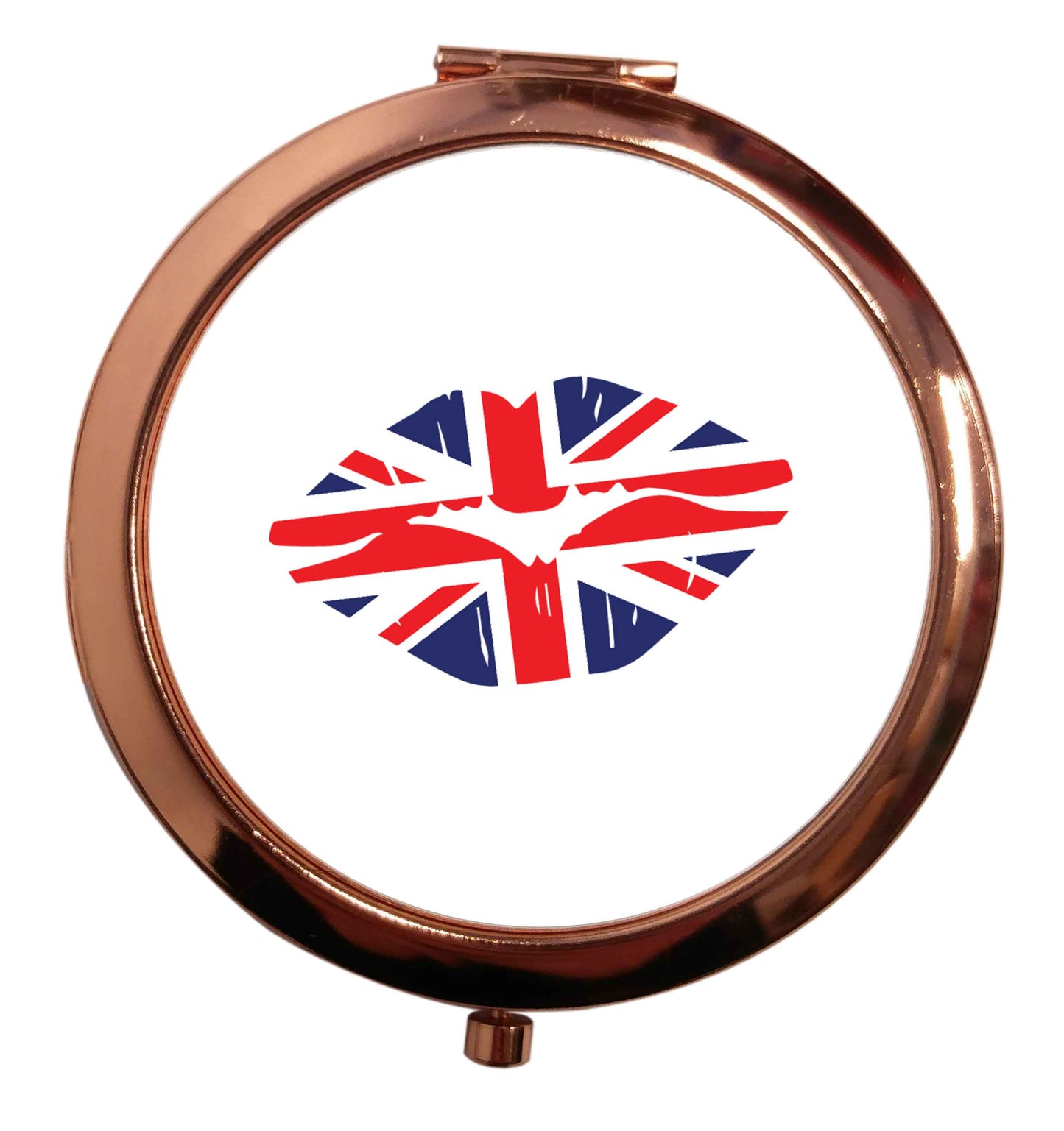 British flag kiss rose gold circle pocket mirror