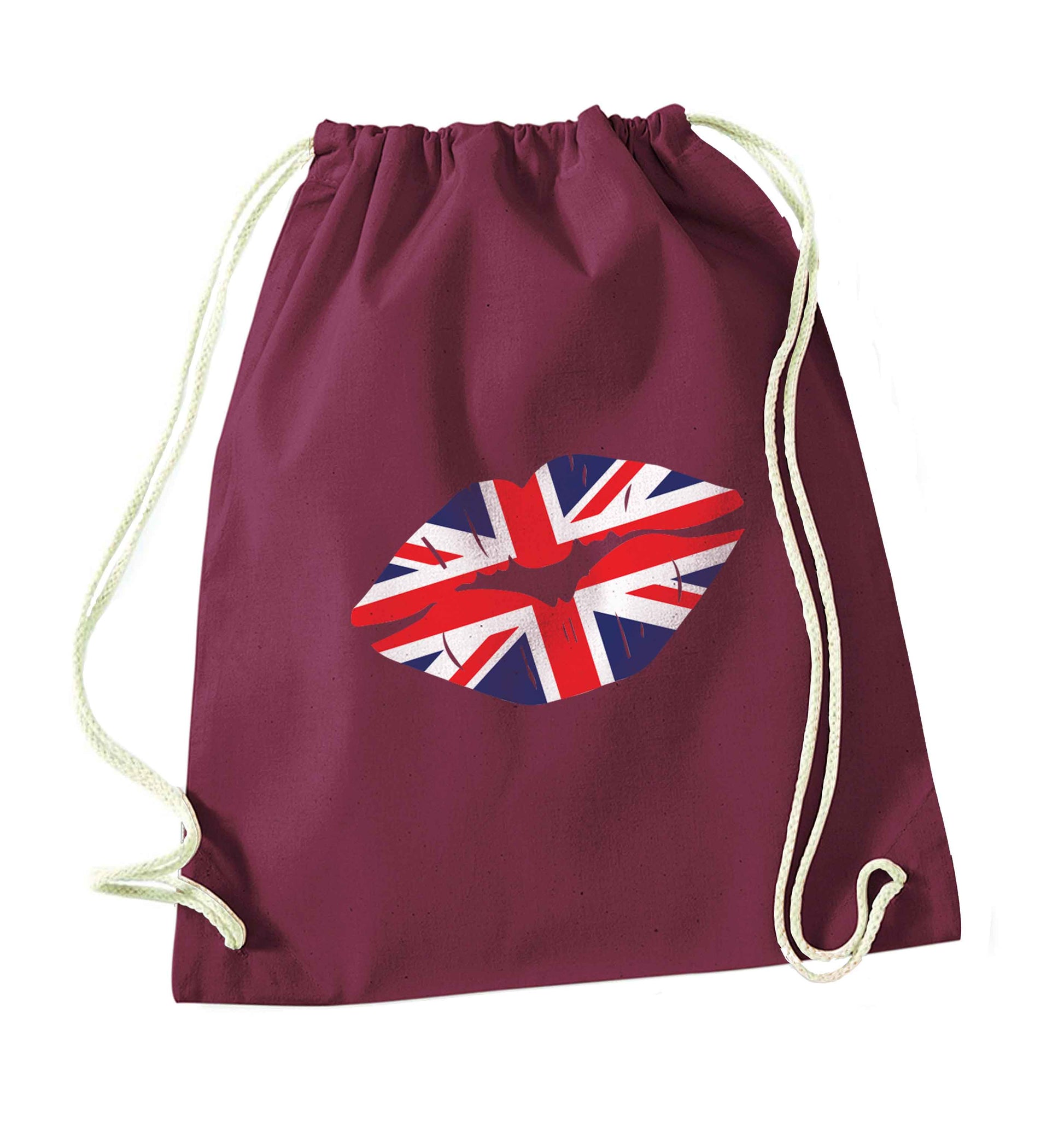 British flag kiss maroon drawstring bag