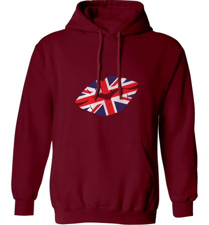 British flag kiss adults unisex maroon hoodie 2XL