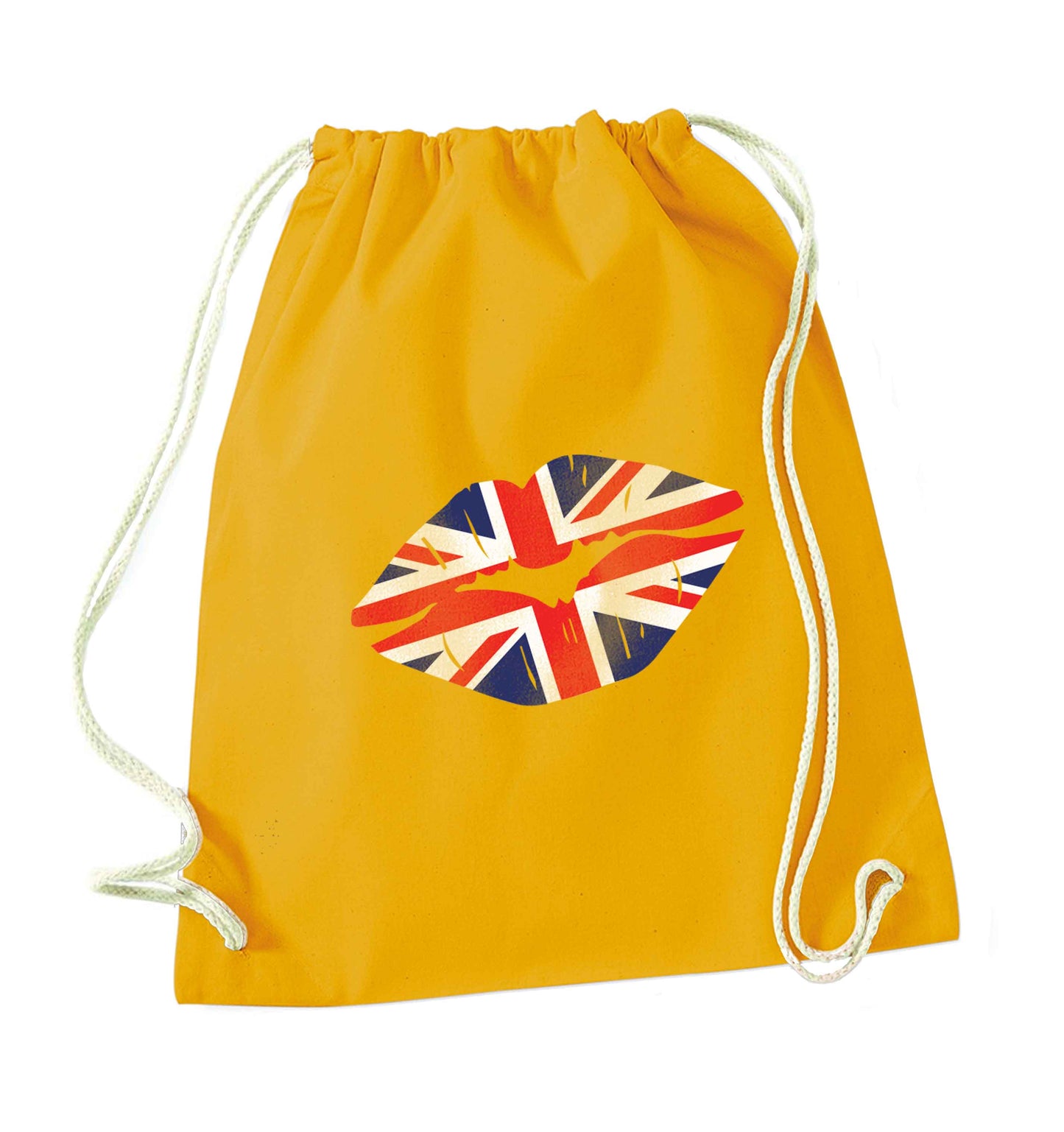 British flag kiss mustard drawstring bag