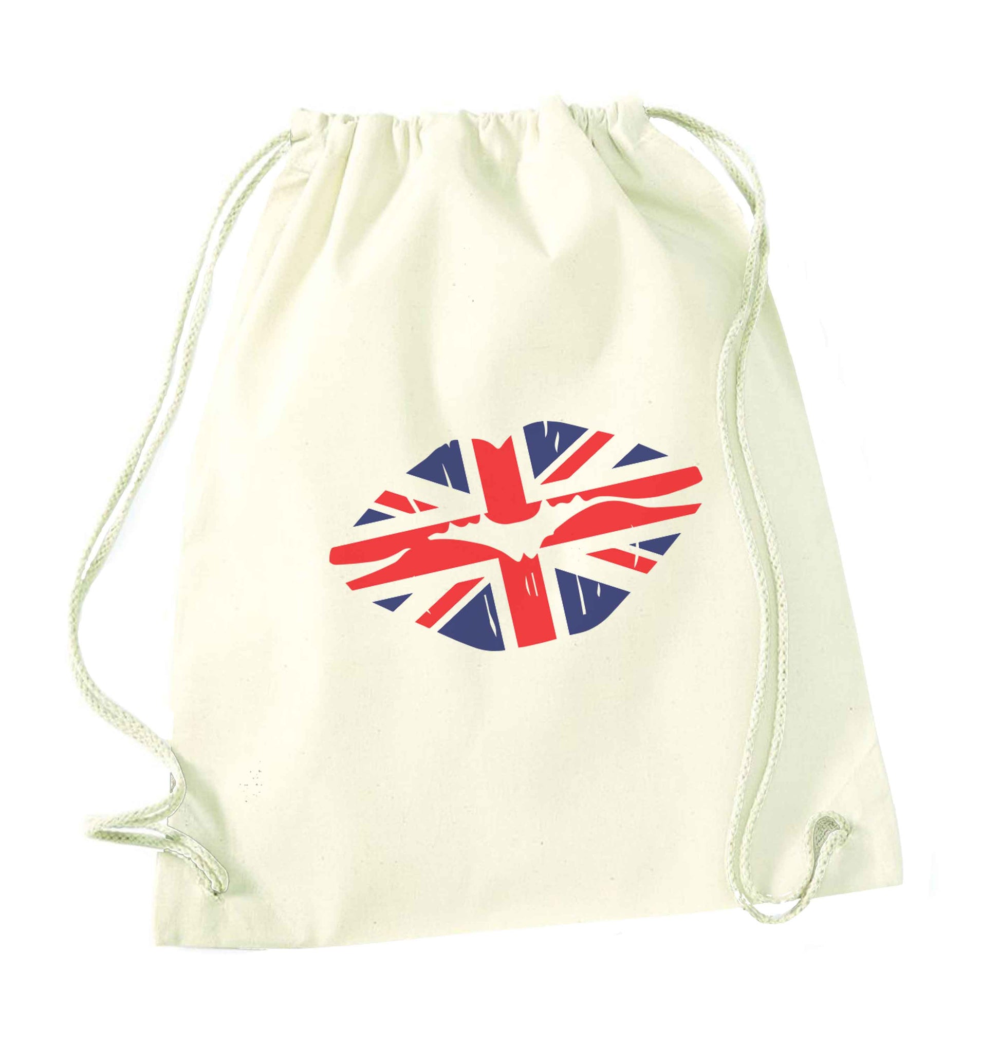 British flag kiss natural drawstring bag