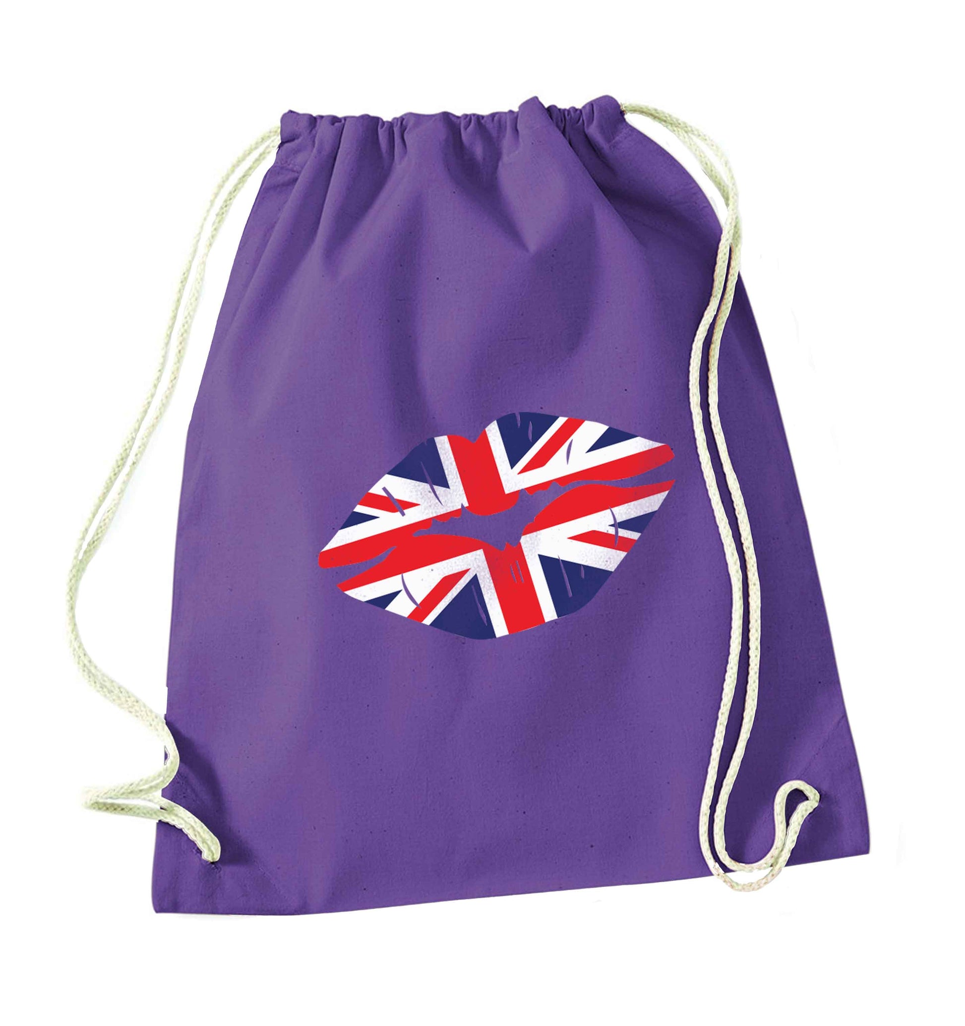 British flag kiss purple drawstring bag