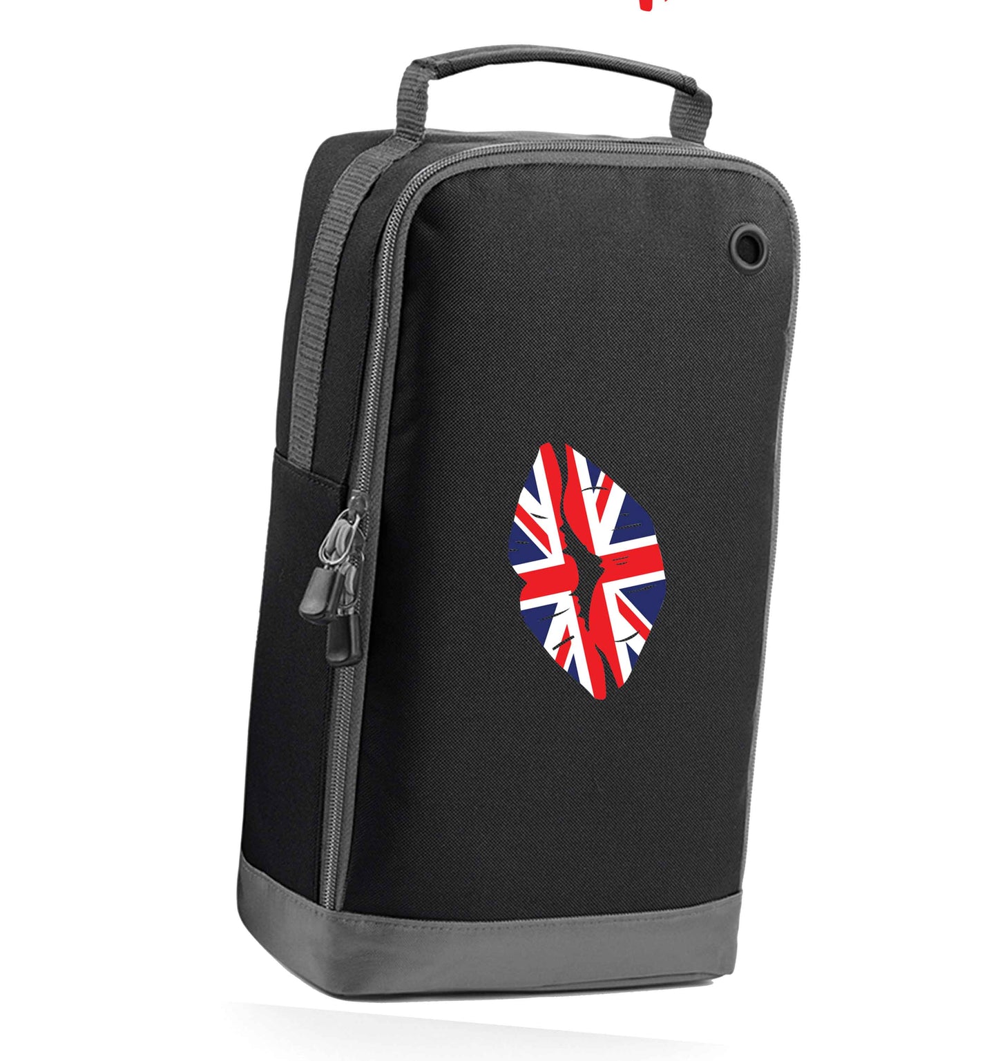 British flag kiss black sports shoe bag horizontal print