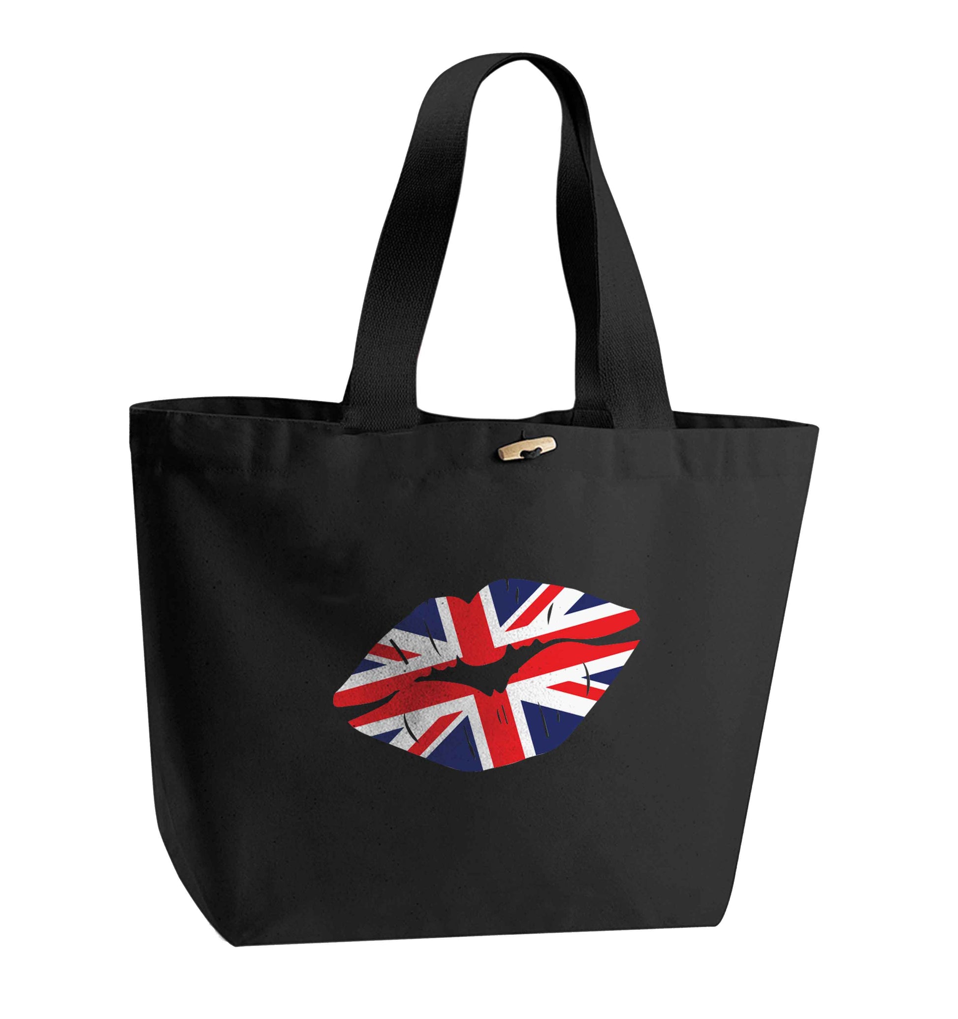 British flag kiss organic cotton premium tote bag with wooden toggle in black
