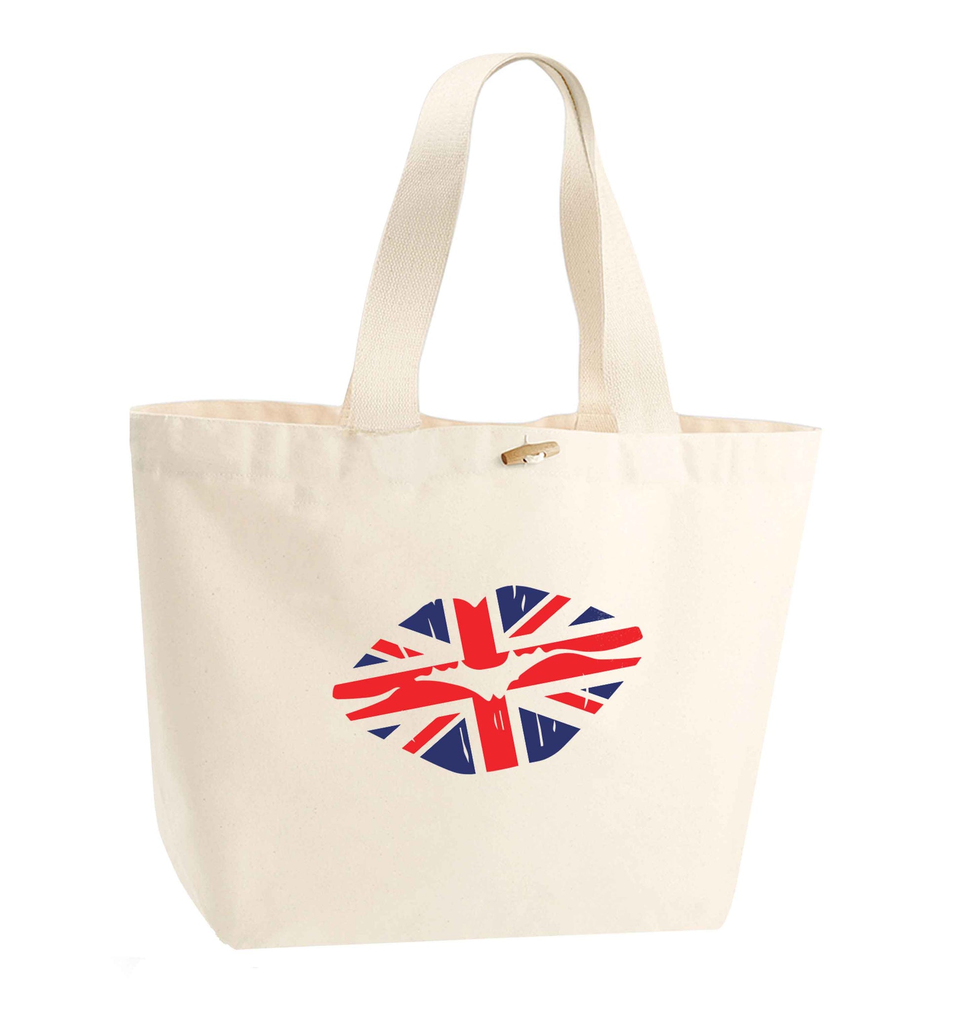 British flag kiss organic cotton premium tote bag with wooden toggle in natural