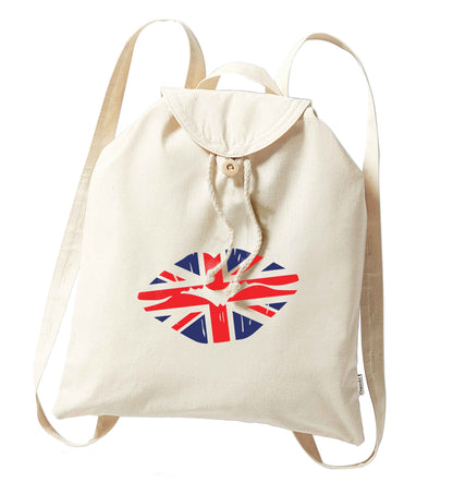 British flag kiss organic cotton backpack tote with wooden buttons in natural
