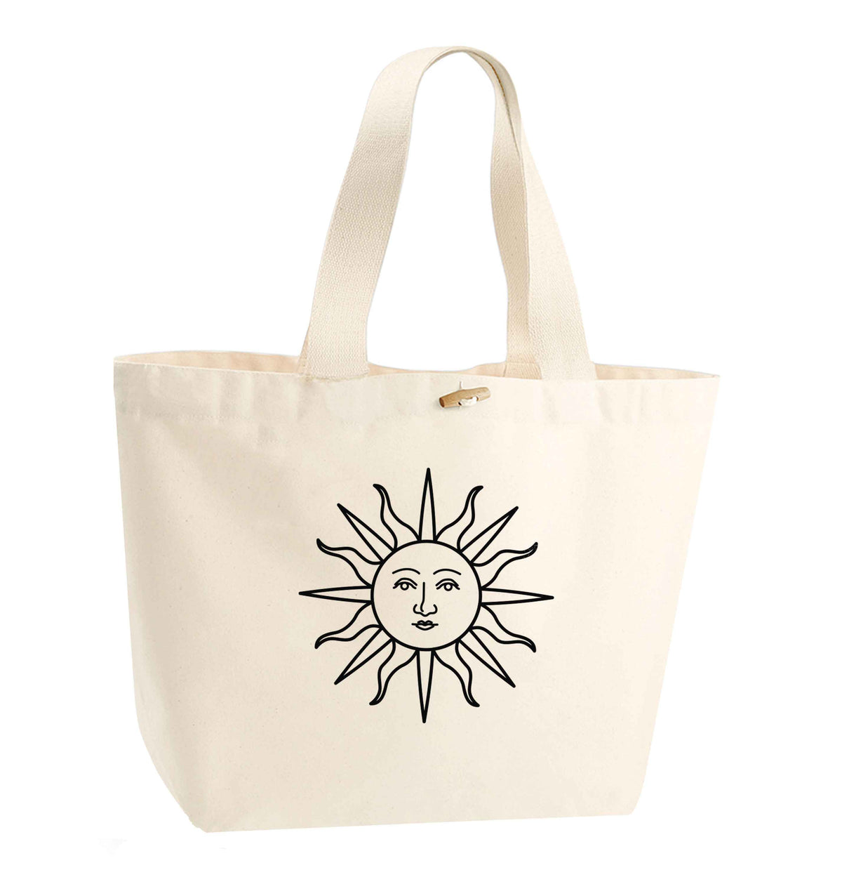 Sun face illustration organic cotton premium tote bag with wooden toggle in natural