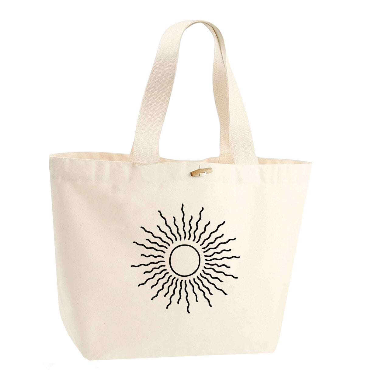 Sun illustration organic cotton premium tote bag with wooden toggle in natural