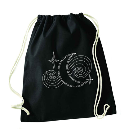 Moon and stars illustration black drawstring bag