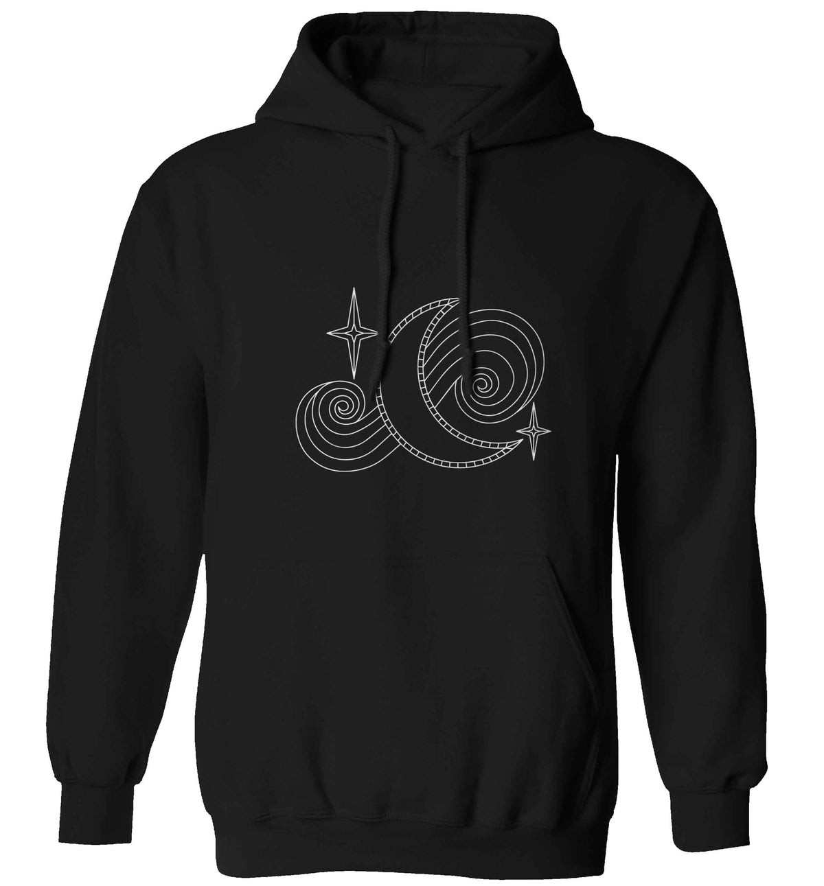 Moon and stars illustration adults unisex black hoodie 2XL