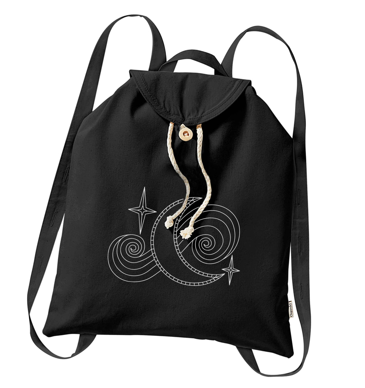 Moon and stars illustration organic cotton backpack tote with wooden buttons in black