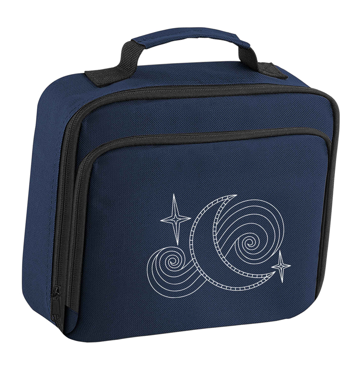 Moon and stars illustration insulated navy lunch bag cooler
