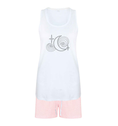 Moon and stars illustration size XL women's pyjama shorts set in pink 
