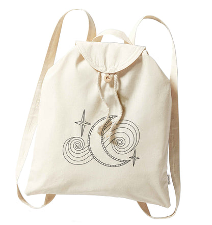 Moon and stars illustration organic cotton backpack tote with wooden buttons in natural