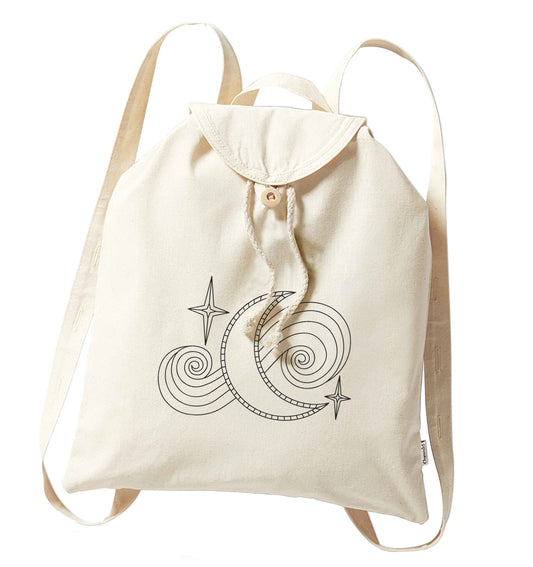 Moon and stars illustration organic cotton backpack tote with wooden buttons in natural