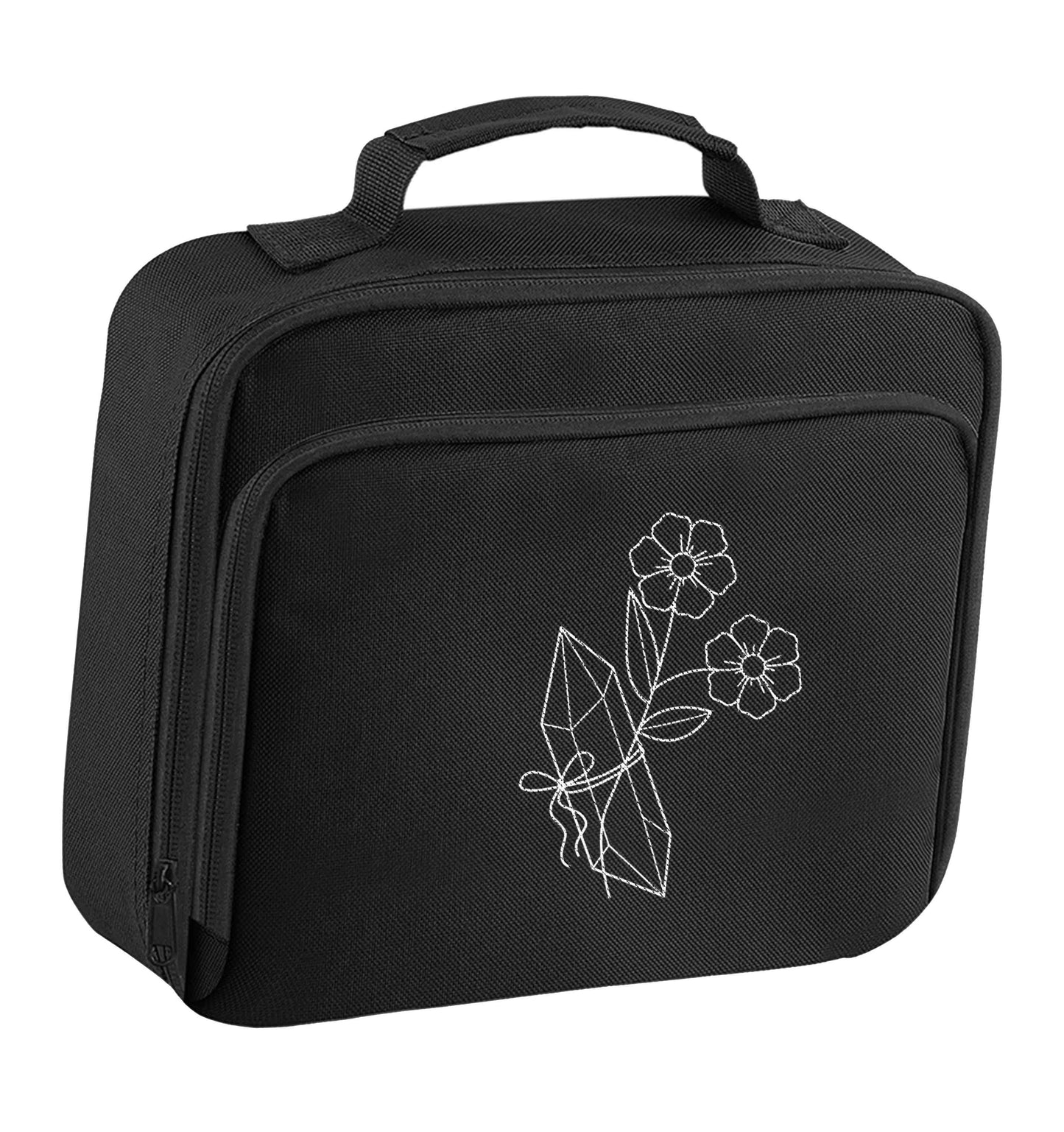 Crystal flower illustration insulated black lunch bag cooler